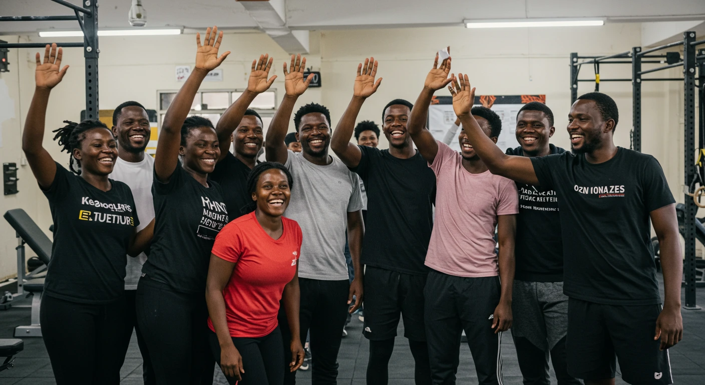 Happy gym members and staff celebrating